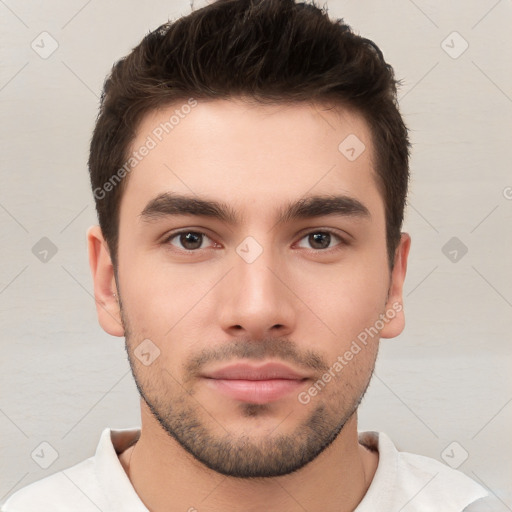 Neutral white young-adult male with short  brown hair and brown eyes