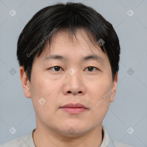 Neutral asian young-adult male with short  brown hair and brown eyes