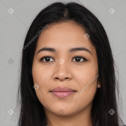 Joyful asian young-adult female with long  black hair and brown eyes