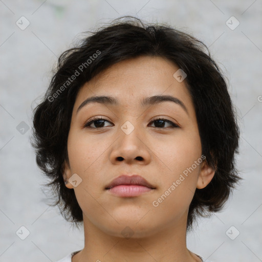 Neutral asian young-adult female with medium  brown hair and brown eyes