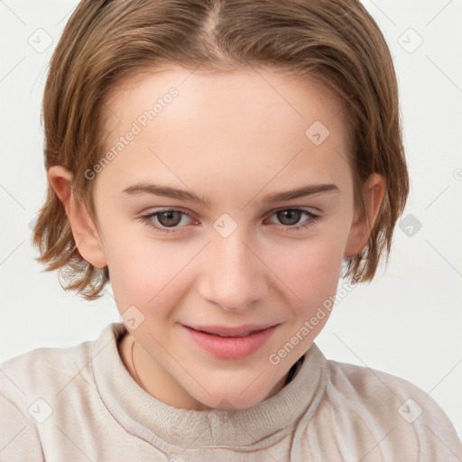 Joyful white child female with medium  brown hair and brown eyes