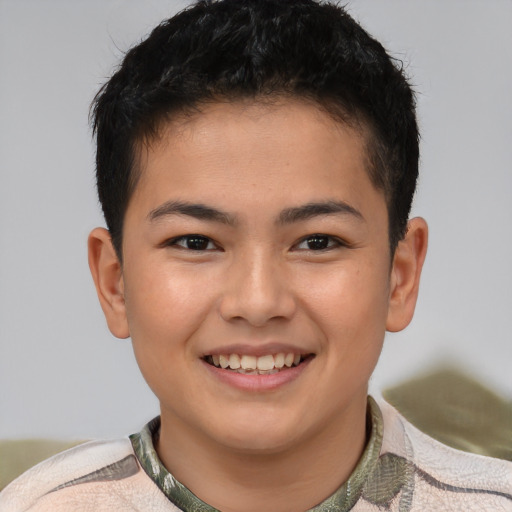 Joyful latino young-adult male with short  brown hair and brown eyes