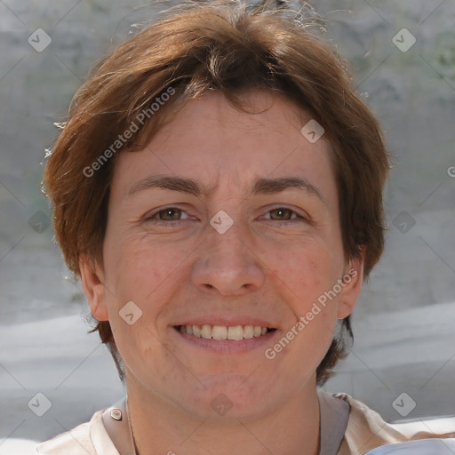 Joyful white adult female with short  brown hair and brown eyes