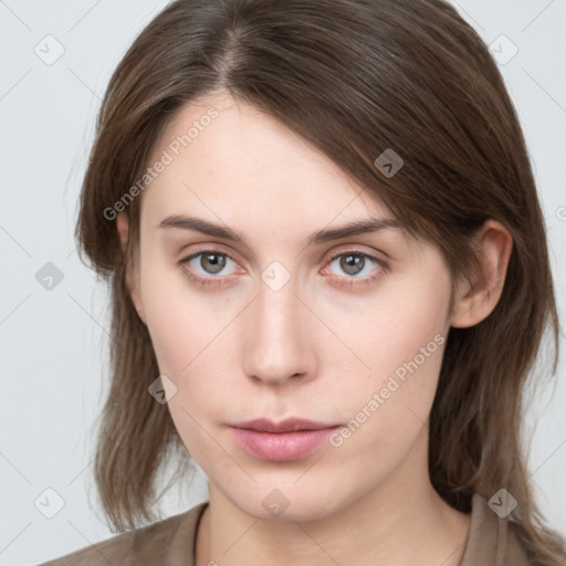 Neutral white young-adult female with medium  brown hair and grey eyes