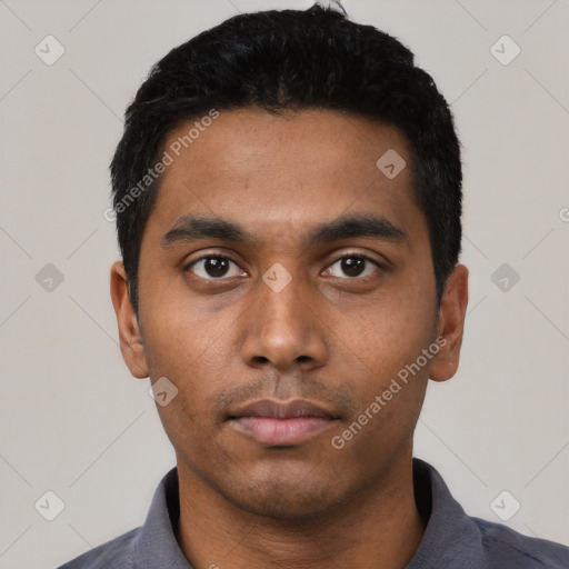 Neutral latino young-adult male with short  black hair and brown eyes