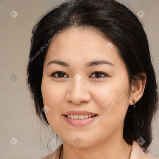 Joyful white young-adult female with medium  brown hair and brown eyes