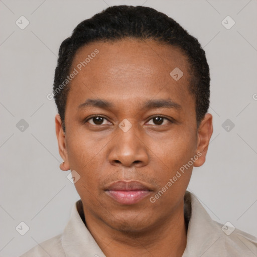 Neutral black adult male with short  black hair and brown eyes