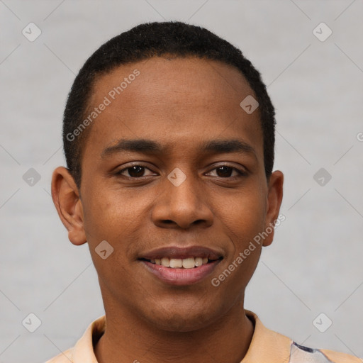 Joyful black young-adult male with short  black hair and brown eyes