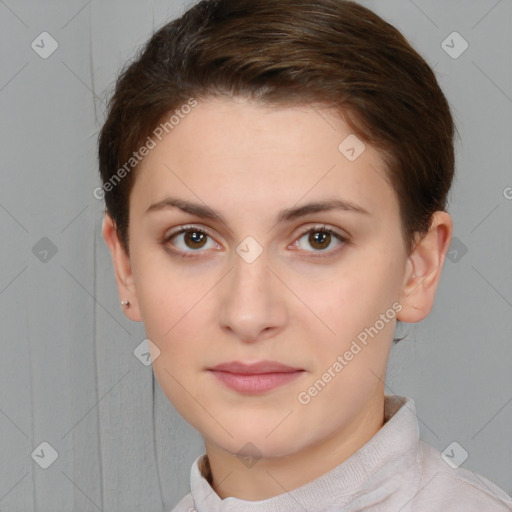 Neutral white young-adult female with short  brown hair and brown eyes