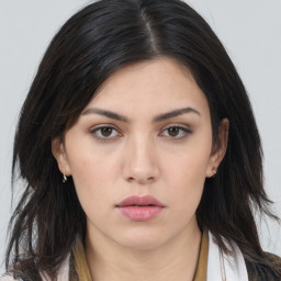 Neutral asian young-adult female with medium  brown hair and brown eyes