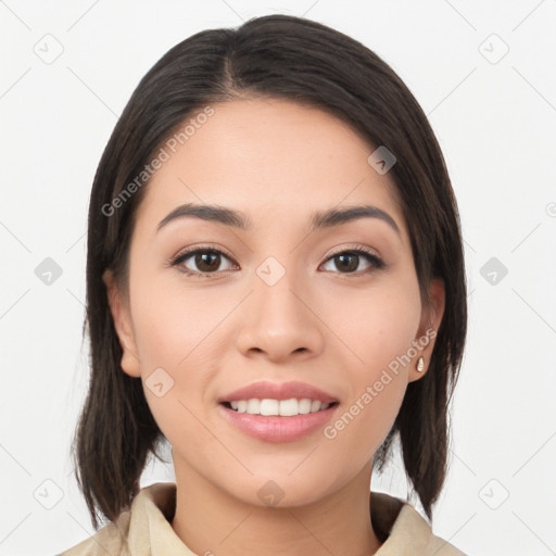 Joyful white young-adult female with medium  brown hair and brown eyes