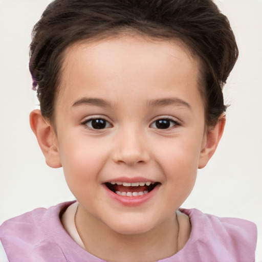 Joyful white child female with short  brown hair and brown eyes