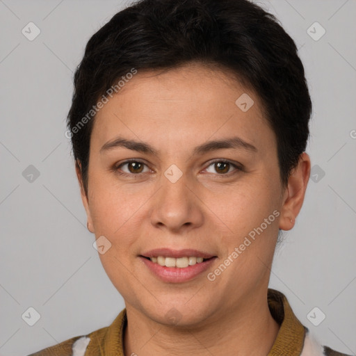 Joyful white young-adult female with short  brown hair and brown eyes