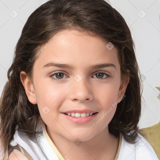 Joyful white child female with medium  brown hair and brown eyes