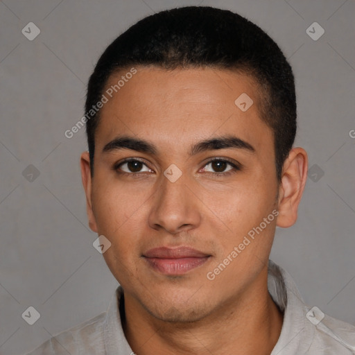 Neutral latino young-adult male with short  black hair and brown eyes