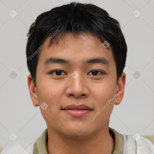 Neutral asian young-adult male with short  brown hair and brown eyes