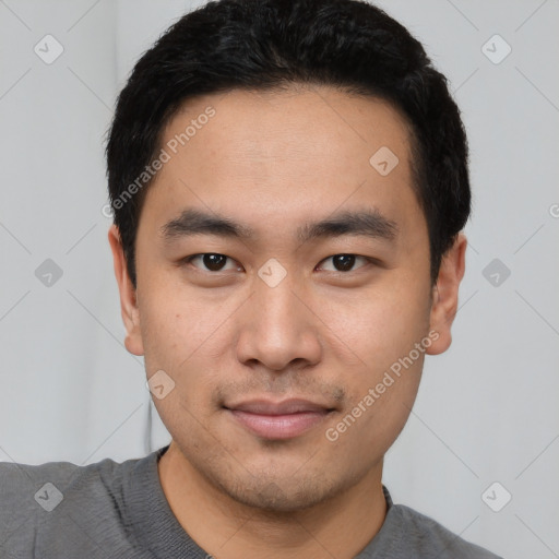 Neutral asian young-adult male with short  black hair and brown eyes