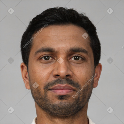Neutral latino adult male with short  black hair and brown eyes
