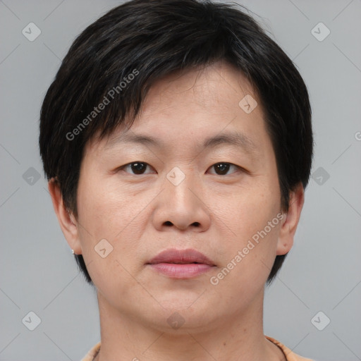 Neutral asian young-adult male with short  brown hair and brown eyes