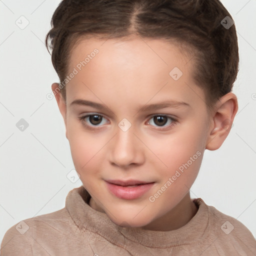 Joyful white child female with short  brown hair and brown eyes