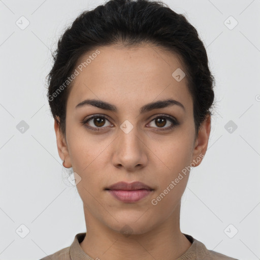 Neutral white young-adult female with short  brown hair and brown eyes