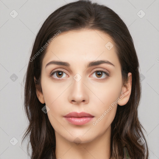 Neutral white young-adult female with long  brown hair and brown eyes