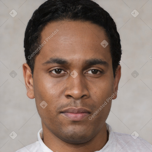 Neutral latino young-adult male with short  black hair and brown eyes