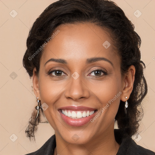 Joyful latino young-adult female with long  brown hair and brown eyes