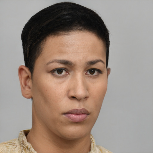 Neutral latino young-adult female with short  brown hair and brown eyes