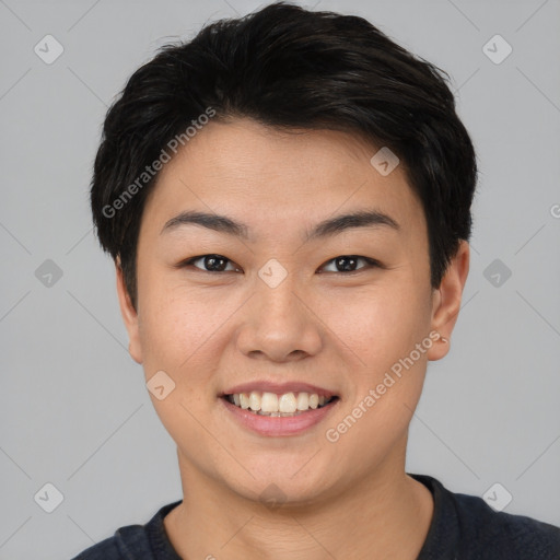 Joyful asian young-adult female with short  brown hair and brown eyes