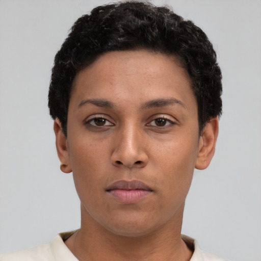 Neutral latino young-adult female with short  brown hair and brown eyes