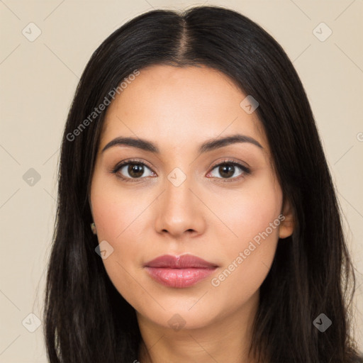 Neutral latino young-adult female with long  black hair and brown eyes