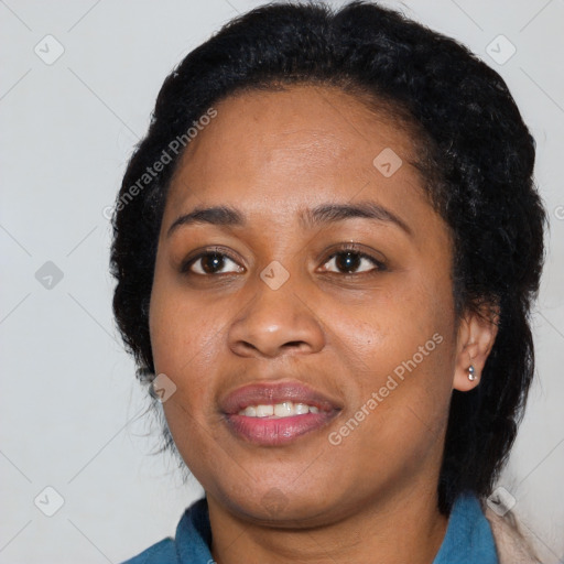 Joyful black young-adult female with medium  black hair and brown eyes