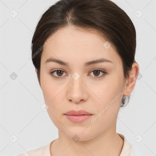 Neutral white young-adult female with medium  brown hair and brown eyes