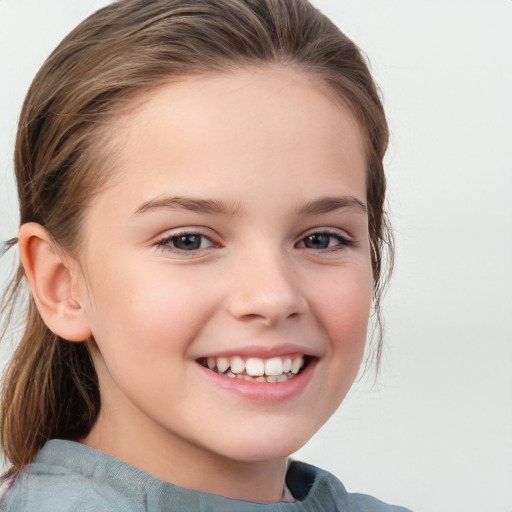 Joyful white child female with medium  brown hair and blue eyes