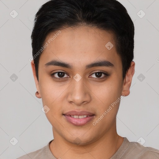 Joyful latino young-adult male with short  black hair and brown eyes