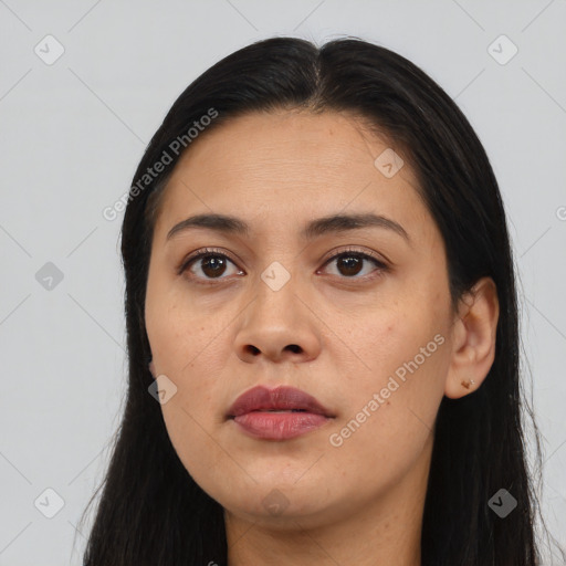 Neutral asian young-adult female with long  black hair and brown eyes