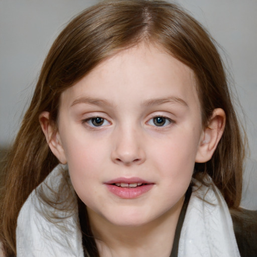 Joyful white child female with medium  brown hair and blue eyes