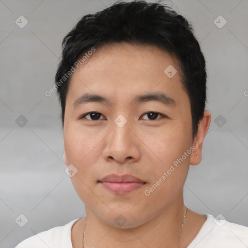 Neutral asian young-adult male with short  black hair and brown eyes