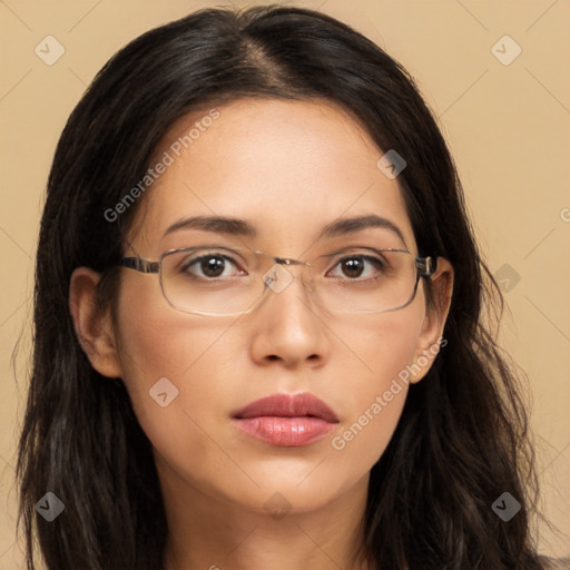 Neutral white young-adult female with long  brown hair and brown eyes