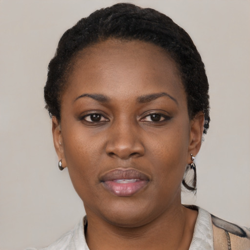 Neutral black young-adult female with short  black hair and brown eyes