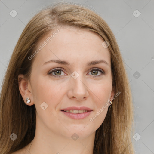 Joyful white young-adult female with long  brown hair and grey eyes