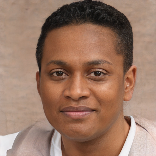 Joyful black young-adult male with short  black hair and brown eyes