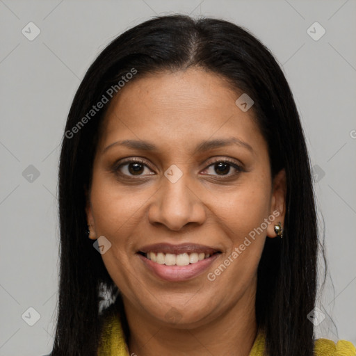 Joyful latino young-adult female with long  brown hair and brown eyes