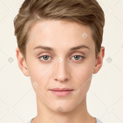 Joyful white young-adult female with short  brown hair and grey eyes