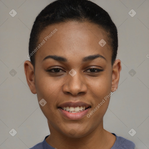 Joyful latino young-adult female with short  brown hair and brown eyes