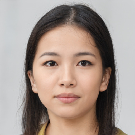 Neutral asian young-adult female with long  brown hair and brown eyes