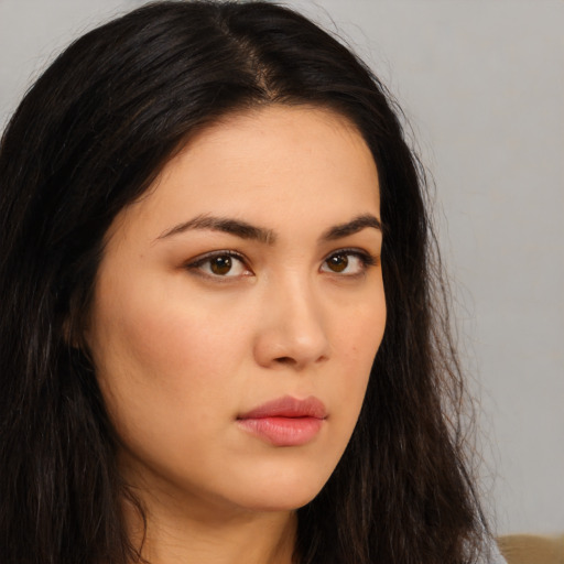 Neutral asian young-adult female with long  brown hair and brown eyes