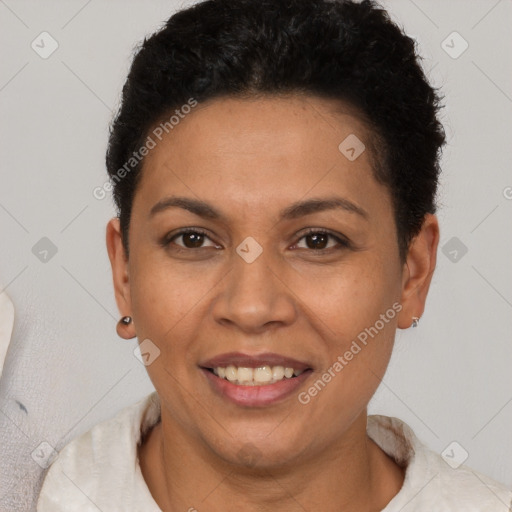 Joyful latino young-adult female with short  brown hair and brown eyes