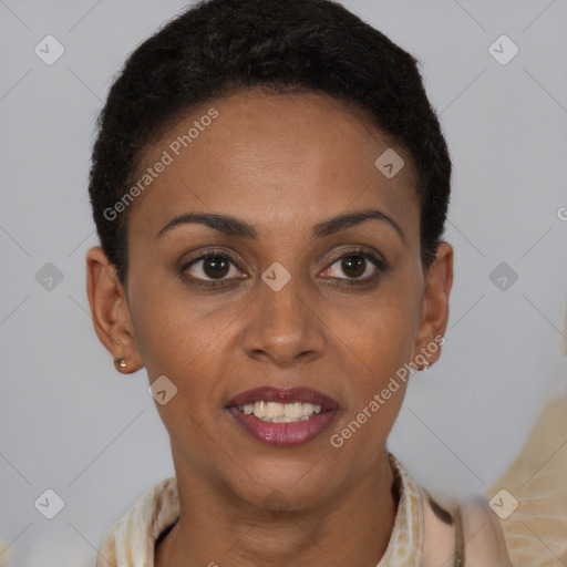 Joyful black young-adult female with short  brown hair and brown eyes